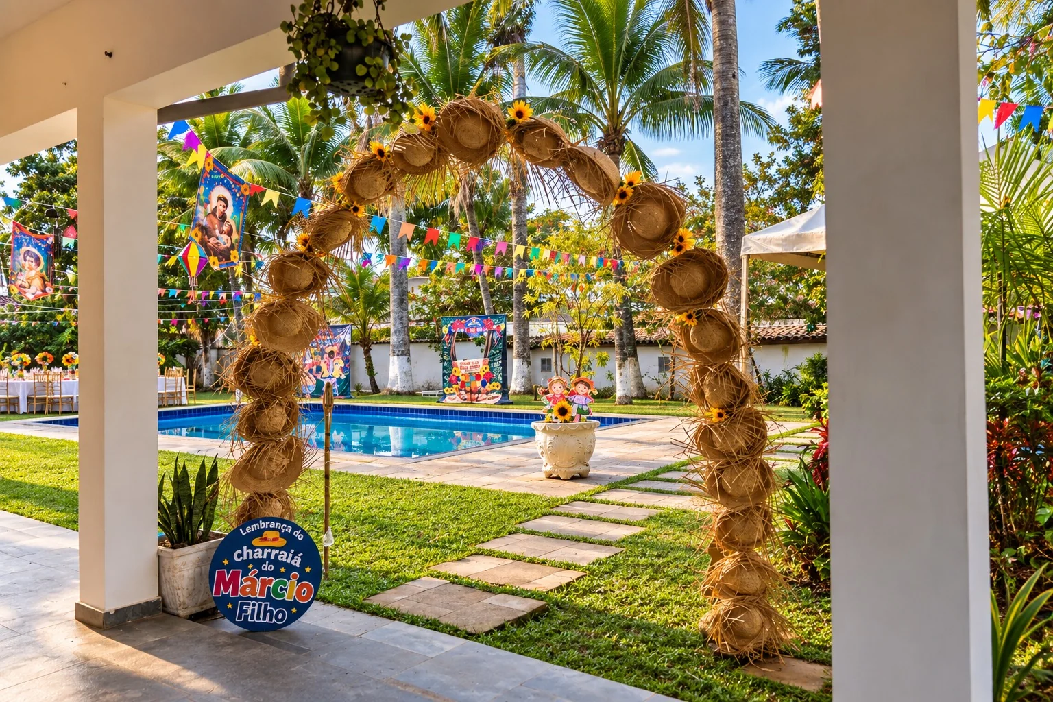 Arco decorado na varanda com vista para a piscina