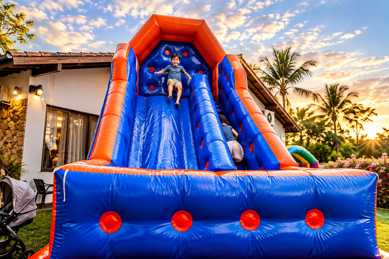 Brinquedo inflável instalado no jardim para a festa infantil