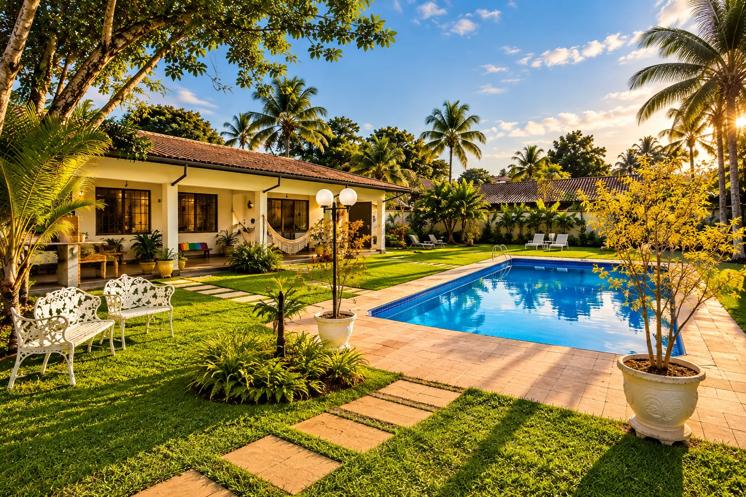 Vista da Casa Soul Sol, jardim e piscina em dia ensolarado