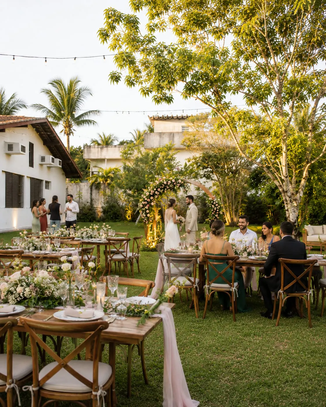 Celebração com convidados no jardim