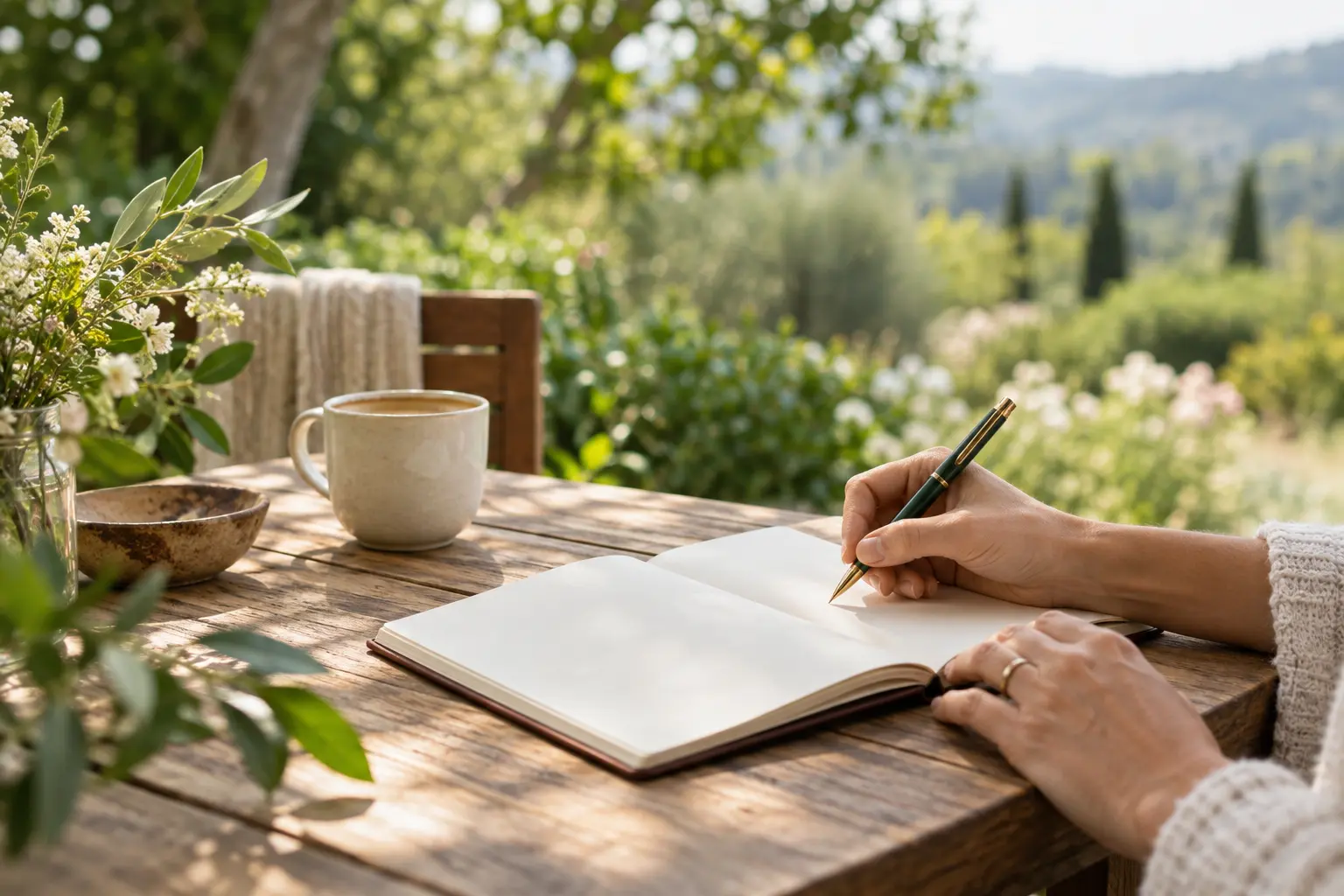 Planejamento de uma experiência ao ar livre, com caderno e caneta em uma mesa de jardim