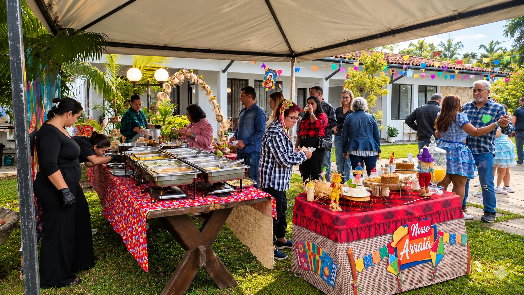 Convidados reunidos junto ao buffet da festa junina