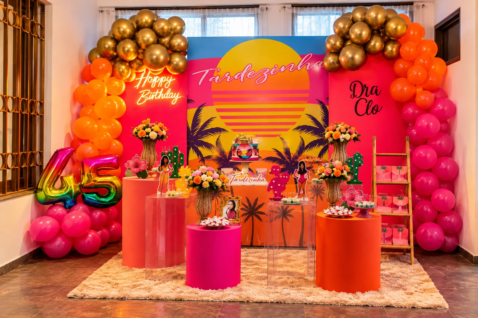 Mesa e painel coloridos de aniversário