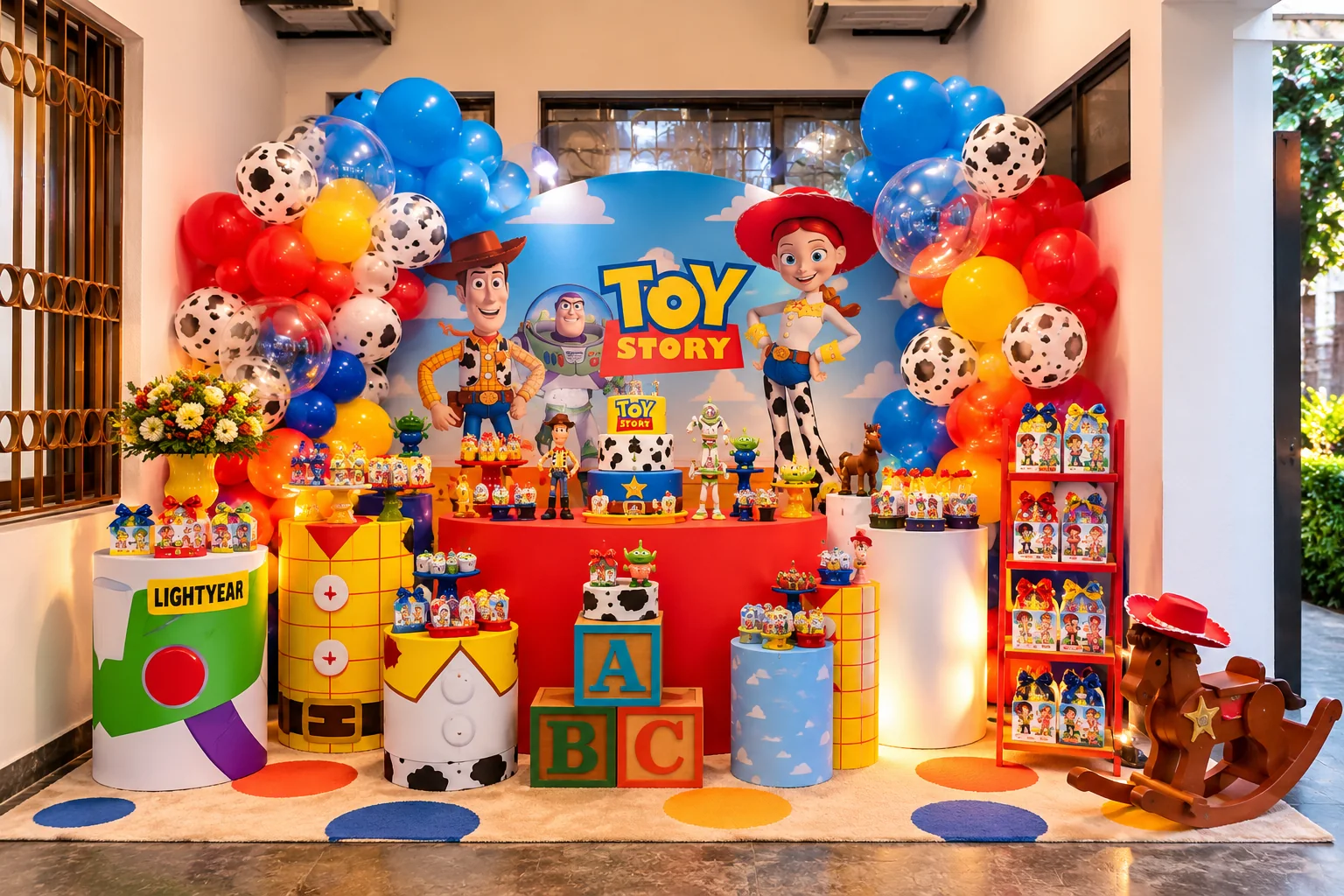 Mesa de doces e painel de festa infantil
