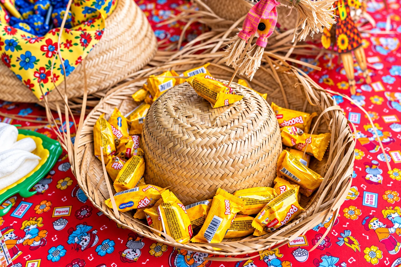 Cesta decorada com doces típicos da festa junina