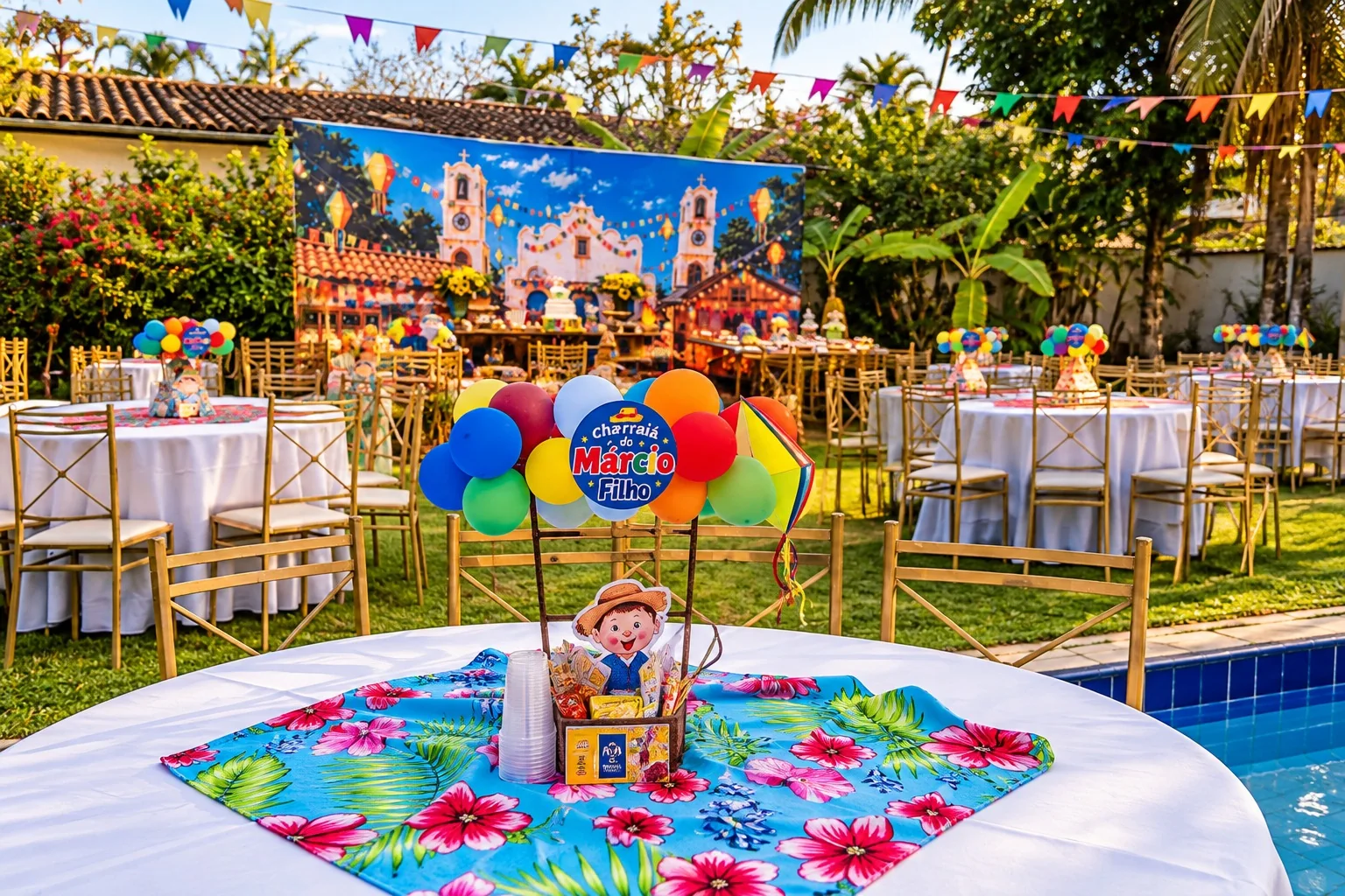 Mesa decorada para festa junina com vista para o jardim