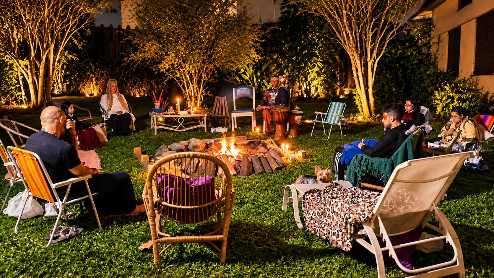 Participantes reunidos ao redor da fogueira no jardim da Casa Soul Sol