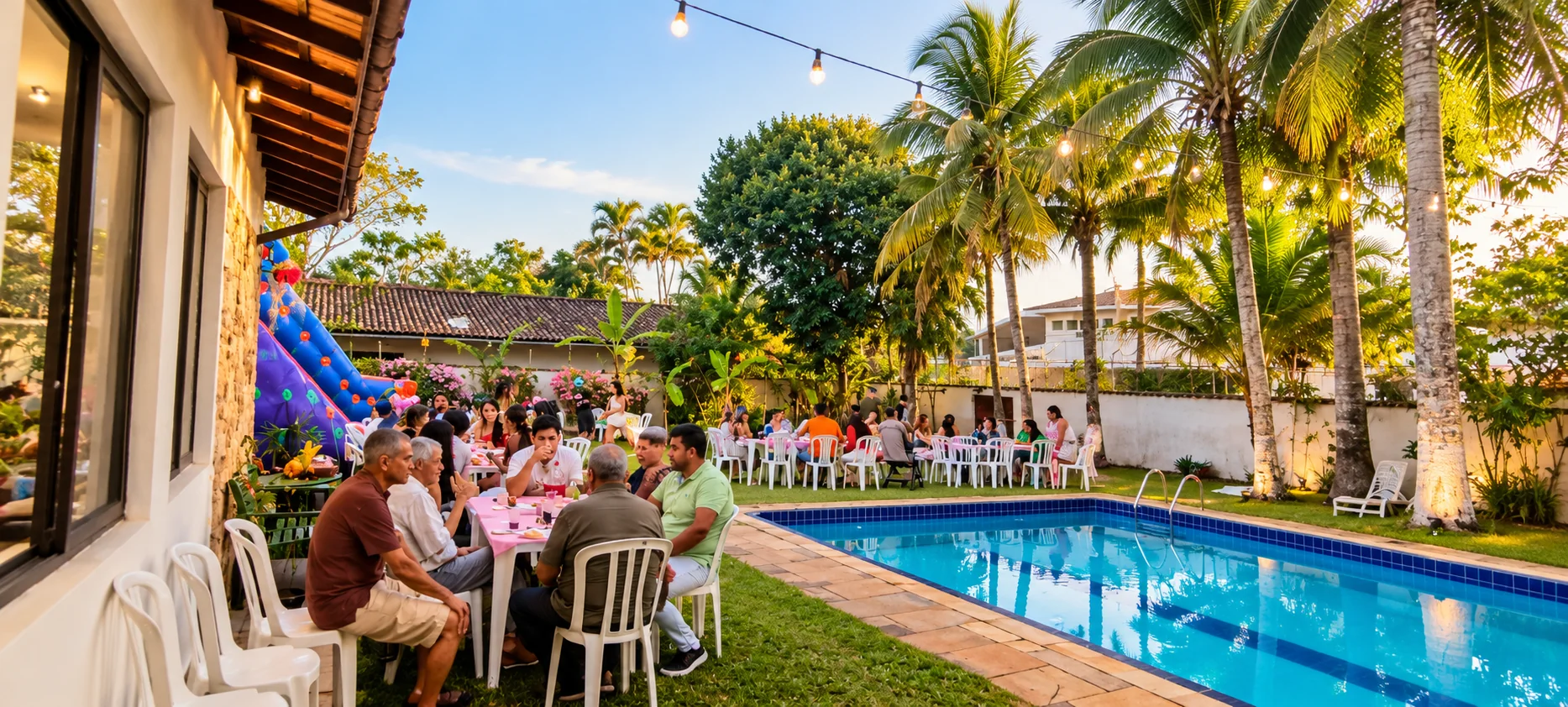 Convidados reunidos junto à piscina durante o dia
