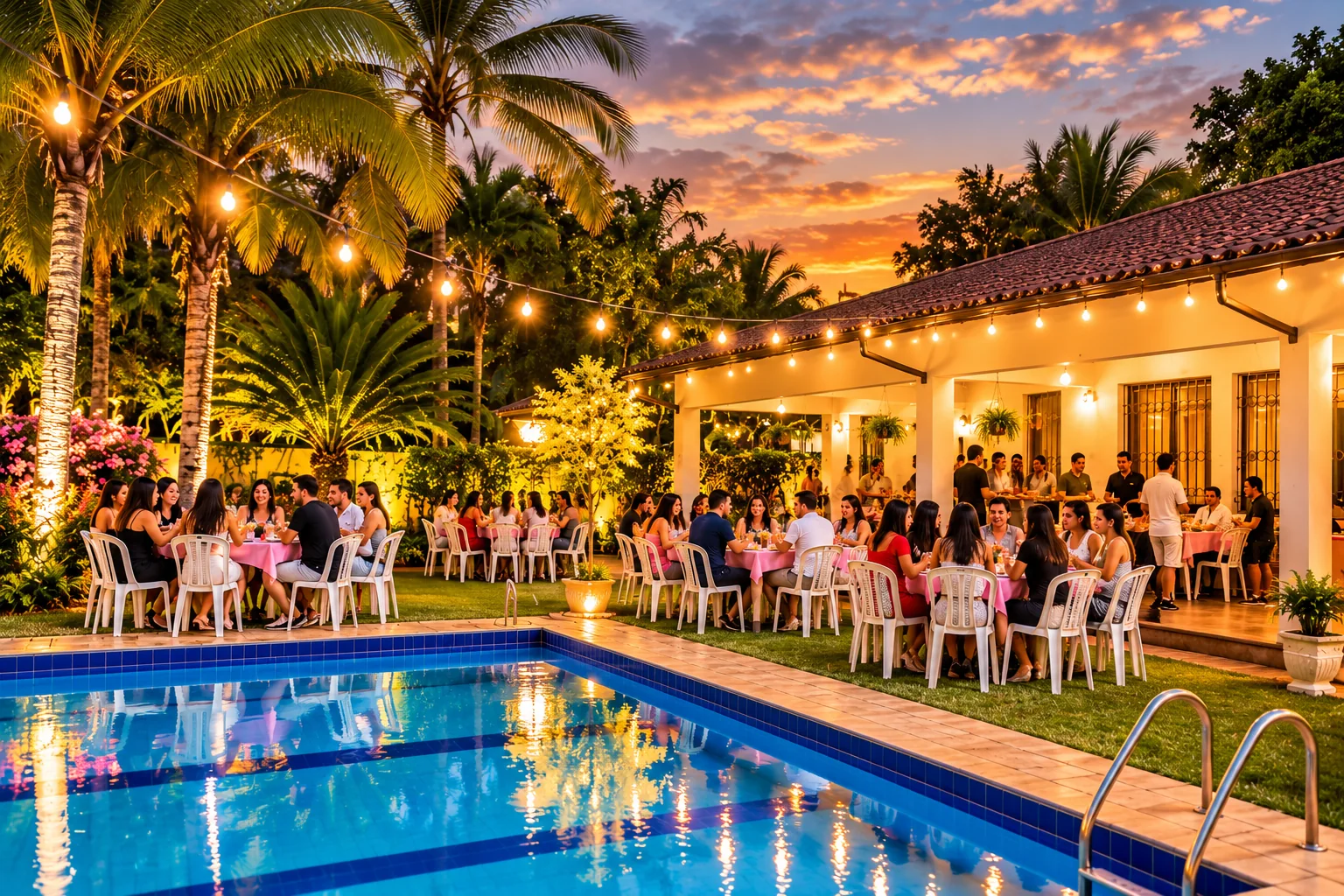 Convidados reunidos junto à piscina iluminada durante festa infantil