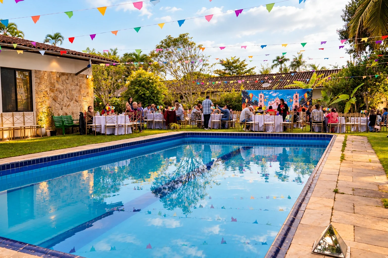 Piscina e convidados durante festa junina