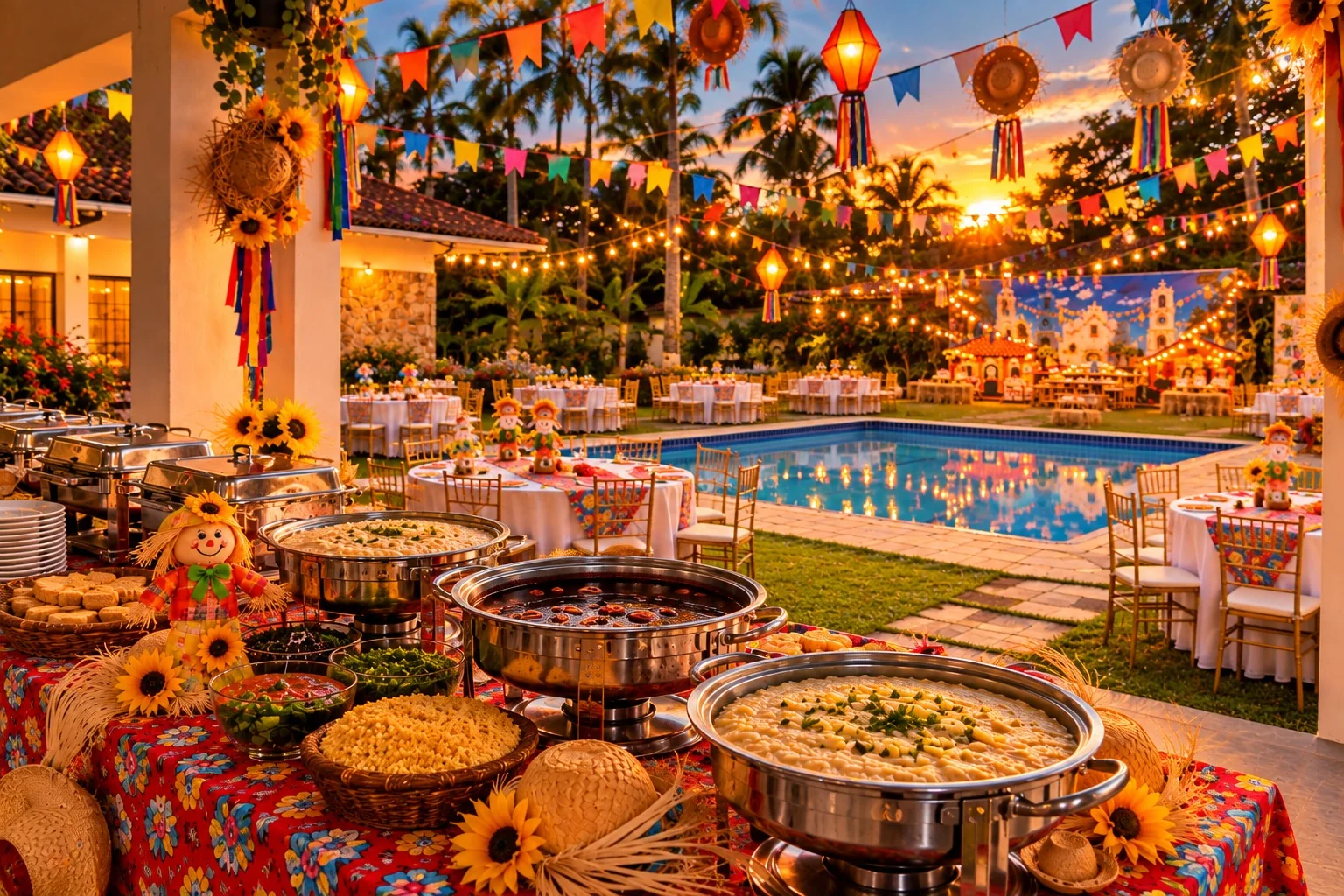 Festa junina iluminada junto à piscina ao entardecer