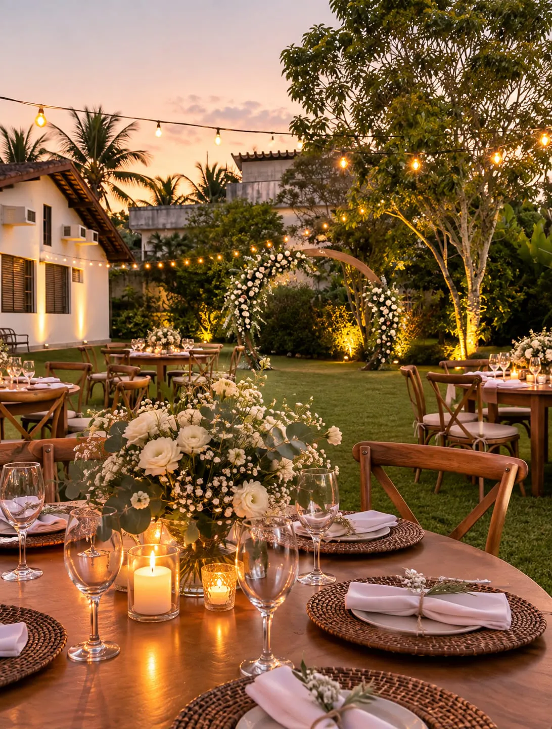 Mesa preparada para uma celebração no jardim