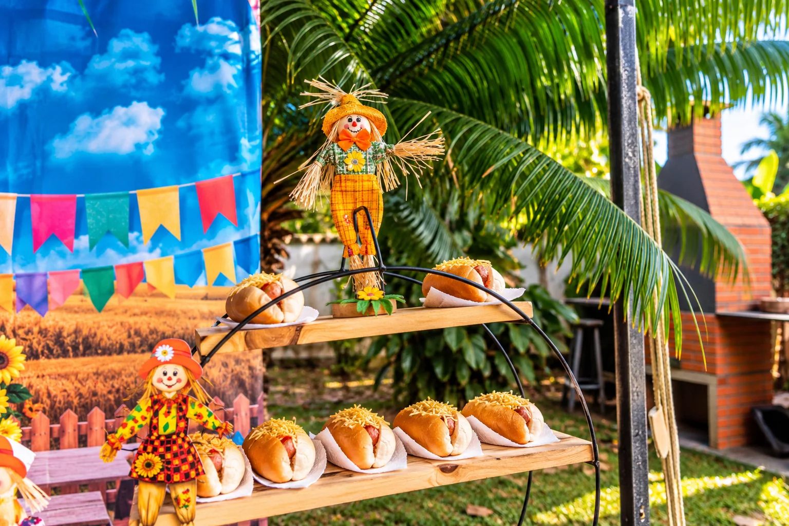 Mesa decorada com doces de festa junina