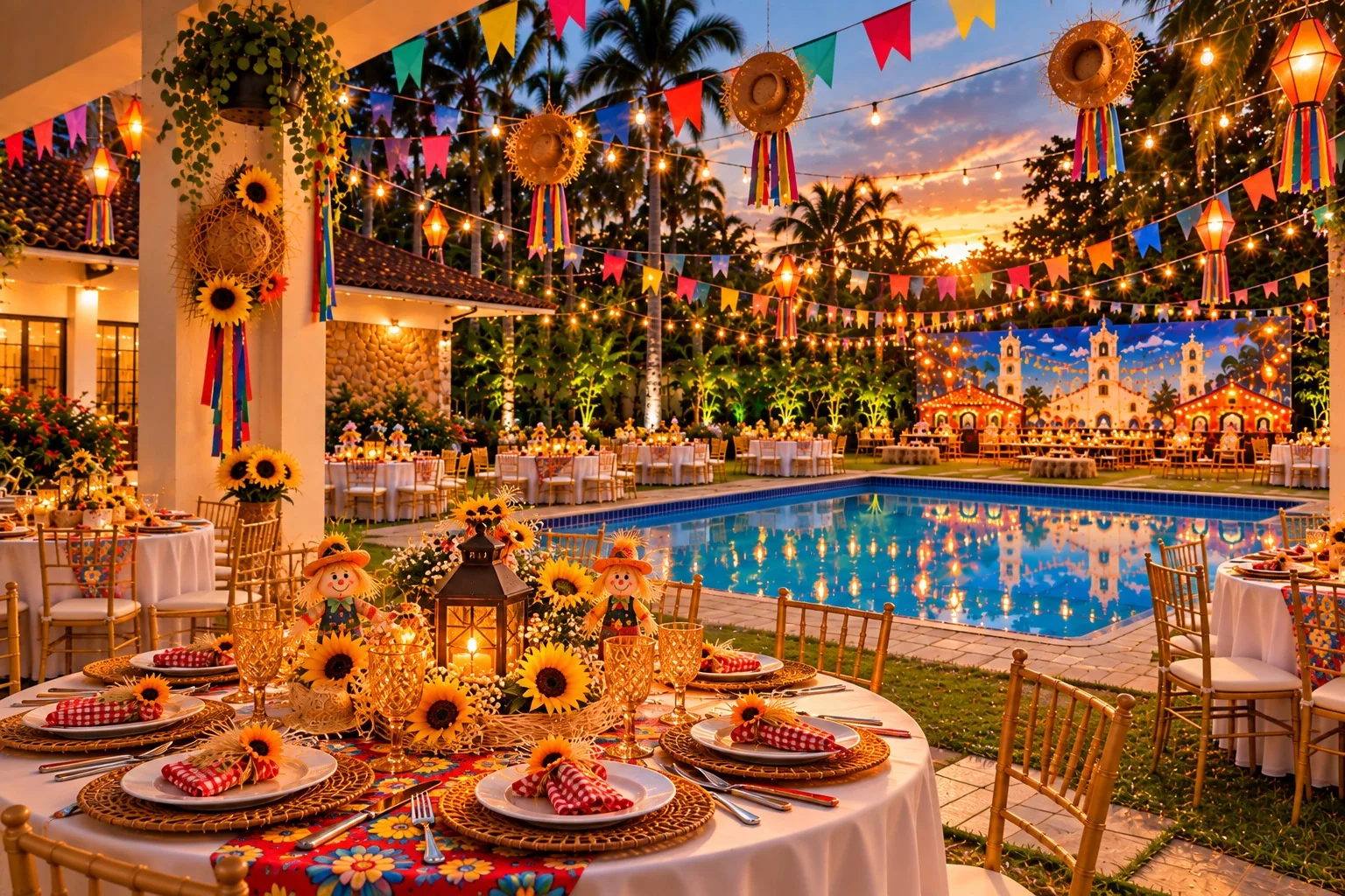 Mesa posta para festa junina com piscina ao entardecer