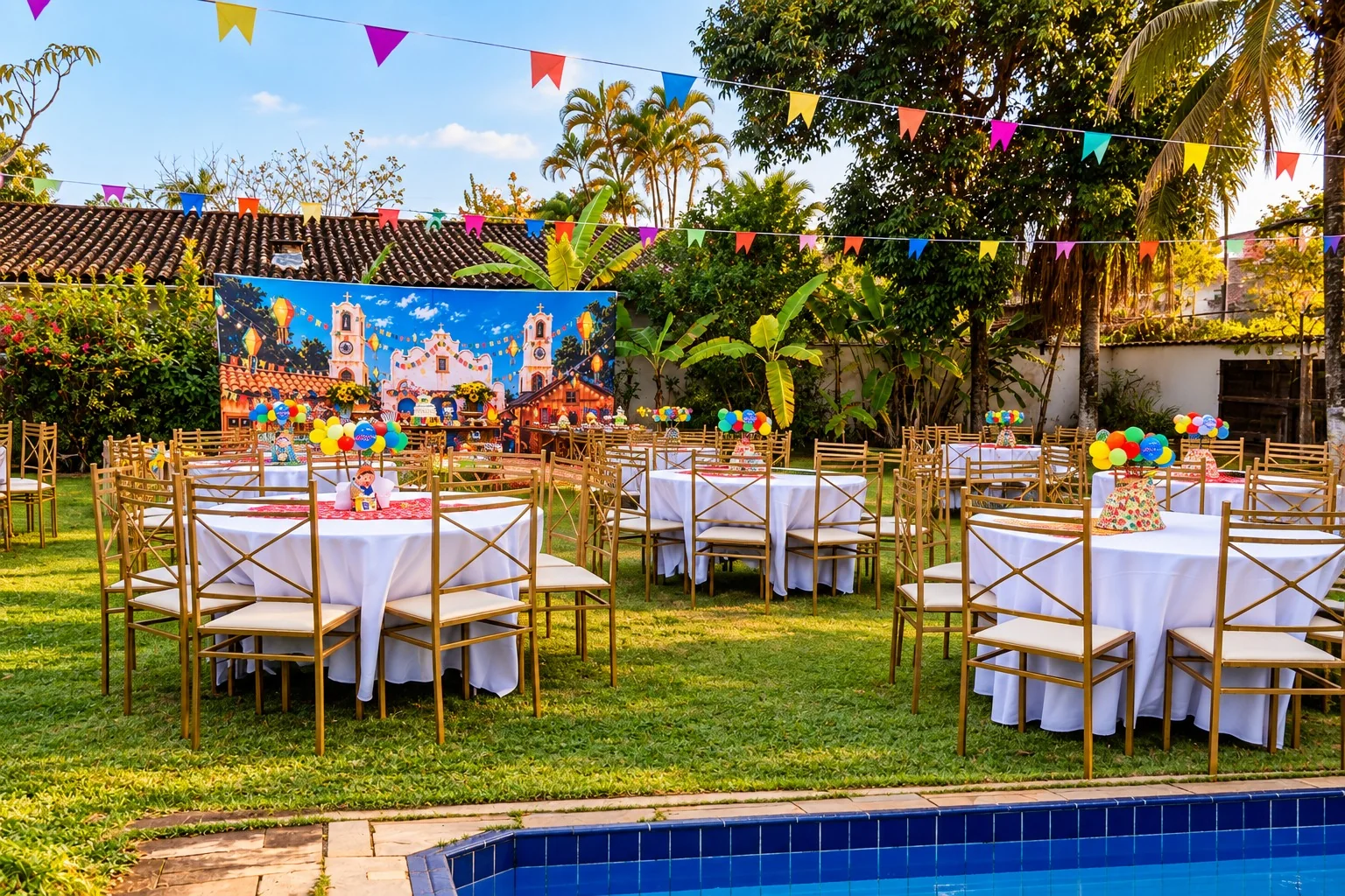 Mesas preparadas para festa junina no jardim