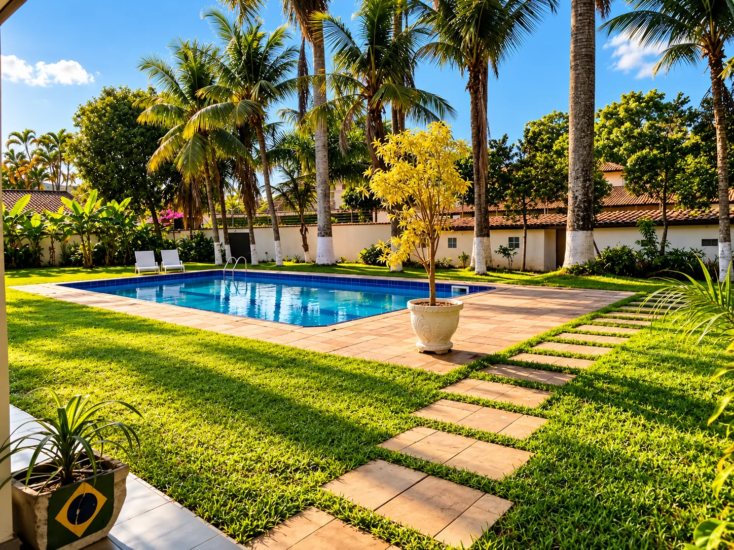 Piscina cercada pelo gramado e coqueiros